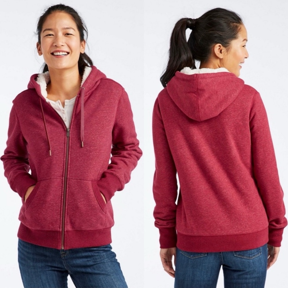 L.L. Bean Women's 1912 Sweatshirt, Sherpa Lined Hoodie, Cranberry Medium Petite - Picture 2 of 16